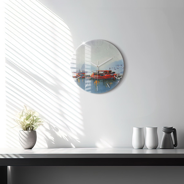 Round glass wall clock Fishing boat in port