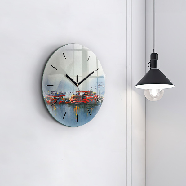 Round glass wall clock Fishing boat in port