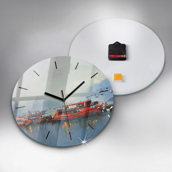 Round glass wall clock Fishing boat in port