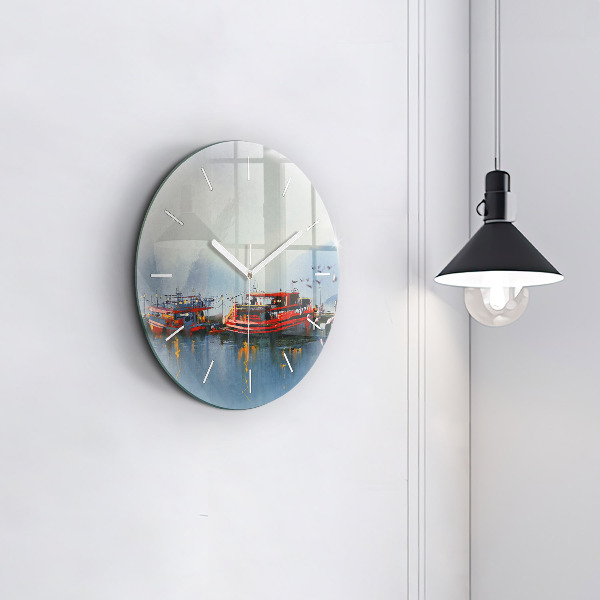 Round glass wall clock Fishing boat in port