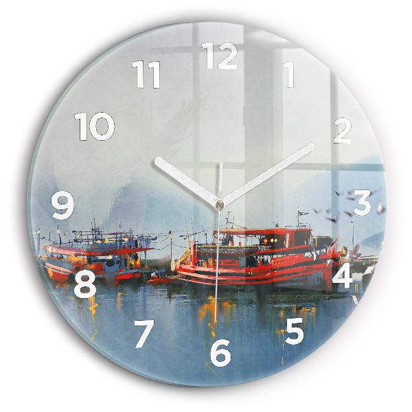 Round glass wall clock Fishing boat in port