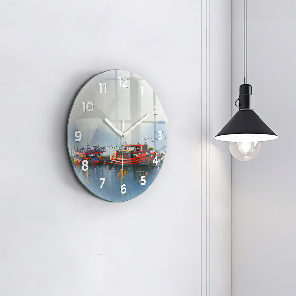 Round glass wall clock Fishing boat in port