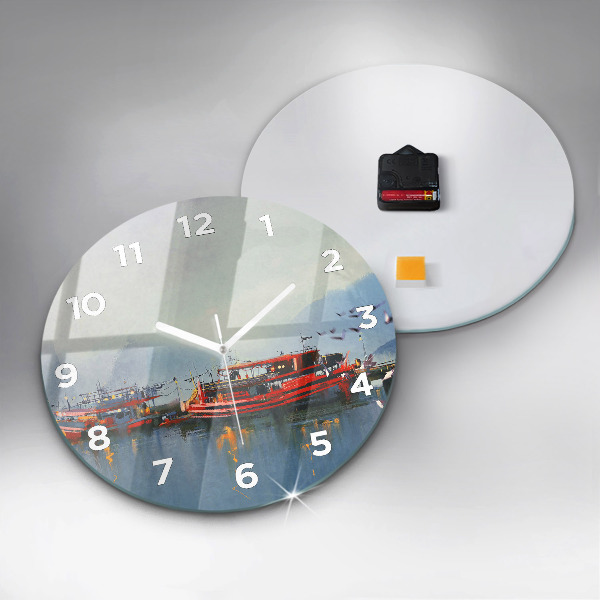 Round glass wall clock Fishing boat in port