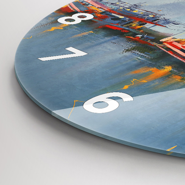 Round glass wall clock Fishing boat in port