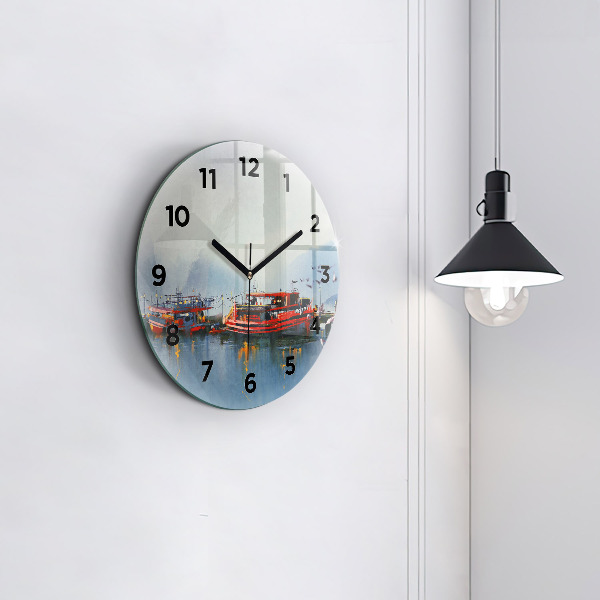 Round glass wall clock Fishing boat in port