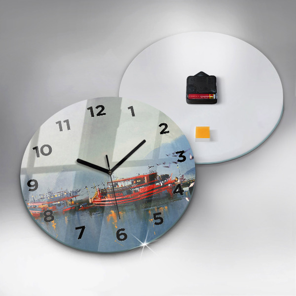 Round glass wall clock Fishing boat in port