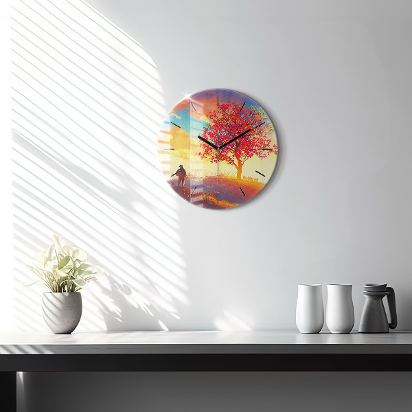 Round glass wall clock Autumn Landscape