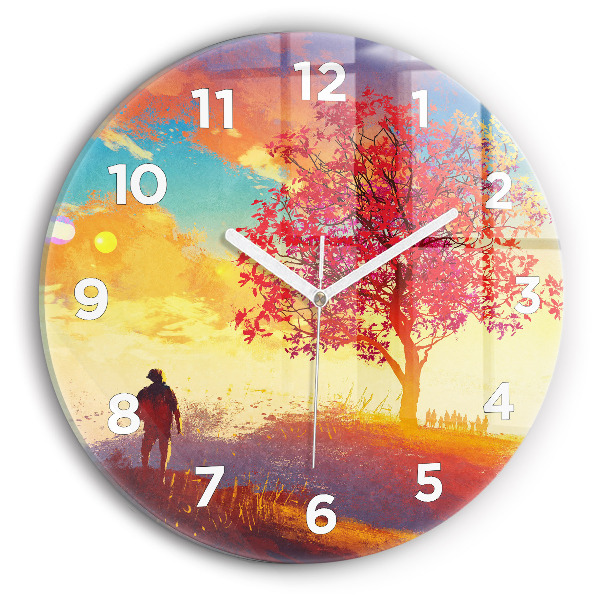 Round glass wall clock Autumn Landscape