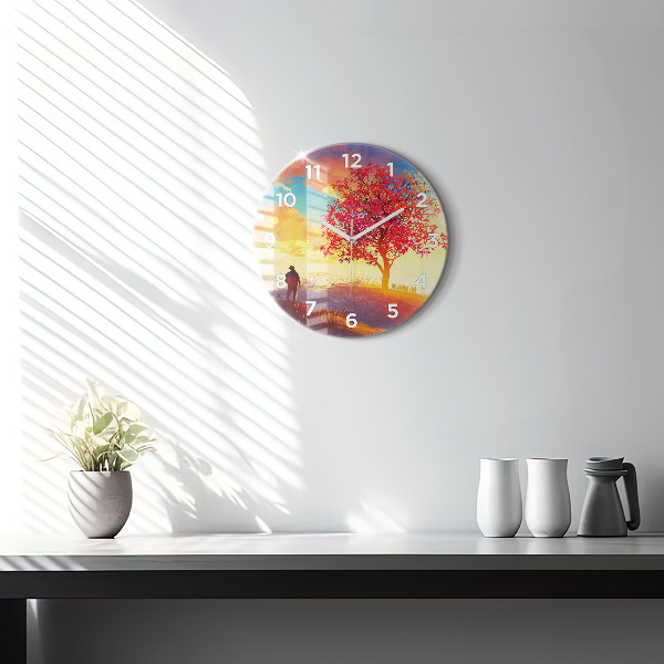 Round glass wall clock Autumn Landscape