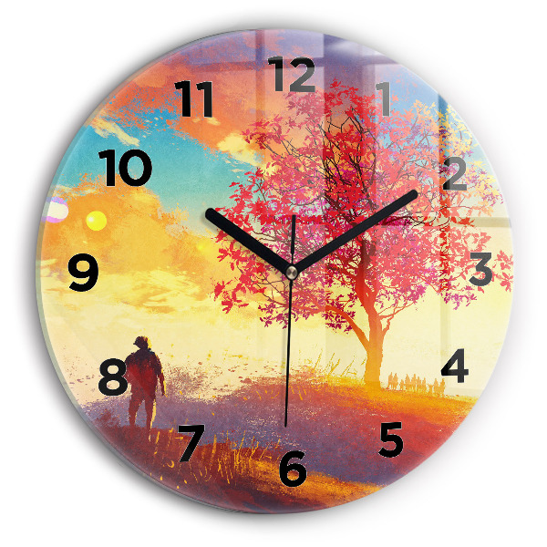 Round glass wall clock Autumn Landscape