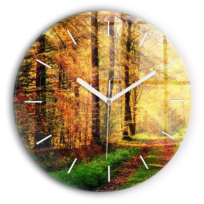Round glass wall clock Autumn forest scenery
