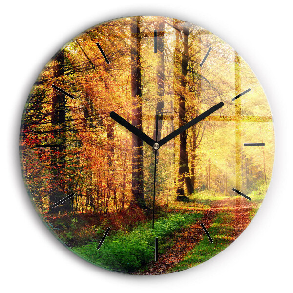 Round glass wall clock Autumn forest scenery