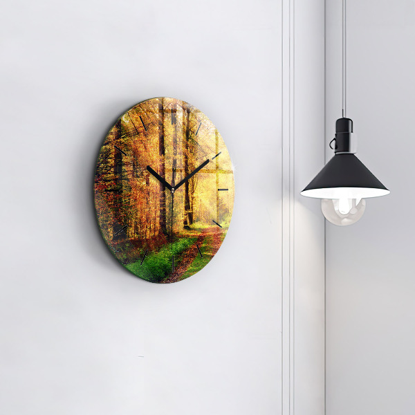 Round glass wall clock Autumn forest scenery