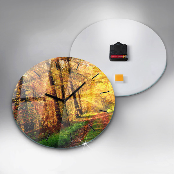 Round glass wall clock Autumn forest scenery