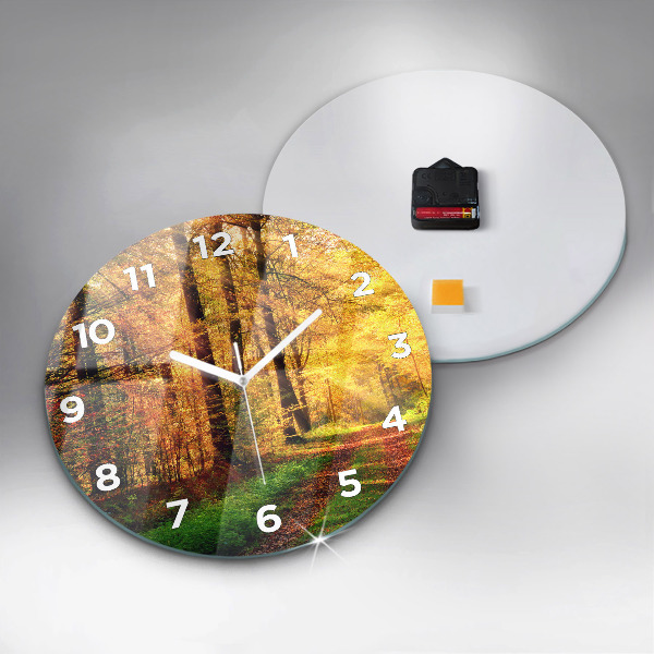 Round glass wall clock Autumn forest scenery