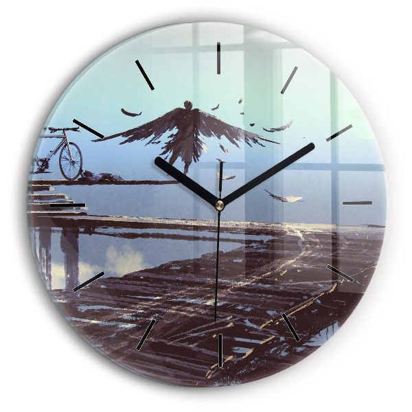 Round glass wall clock Angel, Bridge and Bicycle
