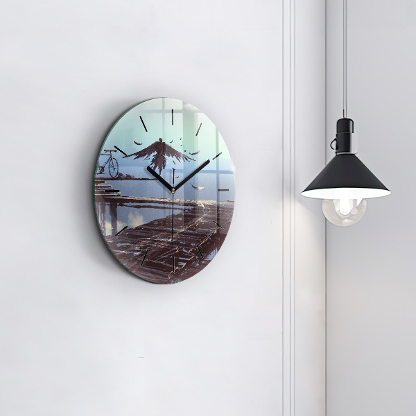 Round glass wall clock Angel, Bridge and Bicycle