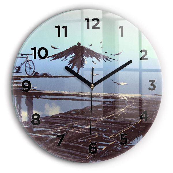 Round glass wall clock Angel, Bridge and Bicycle