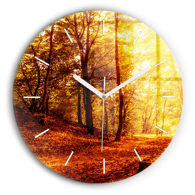Round glass wall clock Forest landscape in the sun