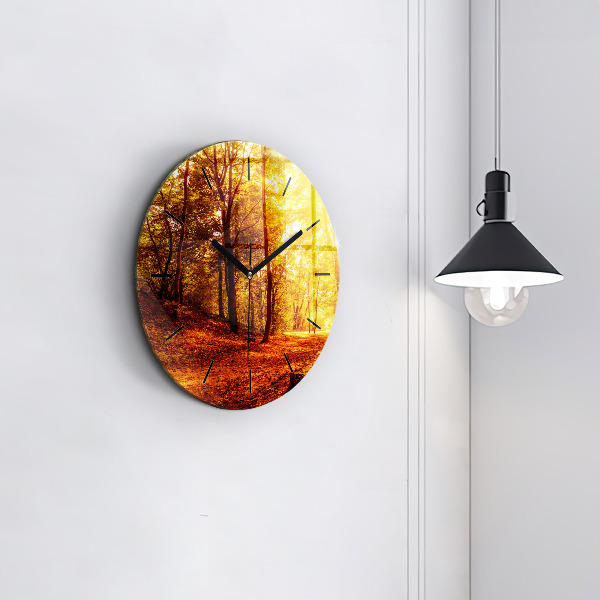 Round glass wall clock Forest landscape in the sun