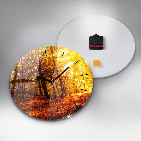 Round glass wall clock Forest landscape in the sun