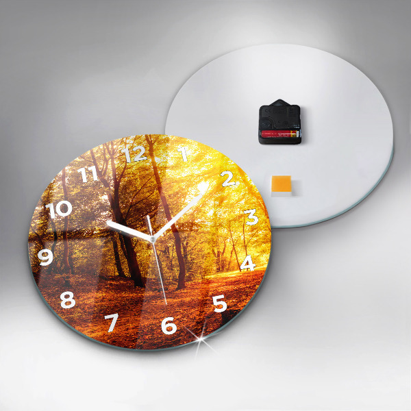 Round glass wall clock Forest landscape in the sun