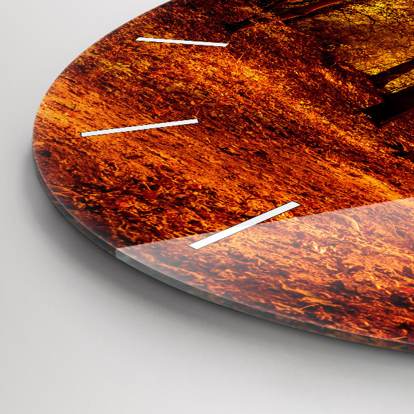 Round glass wall clock Forest landscape in the sun