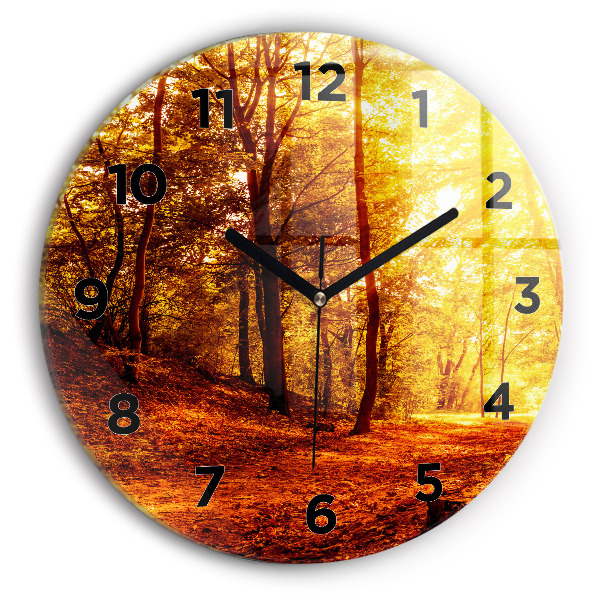 Round glass wall clock Forest landscape in the sun