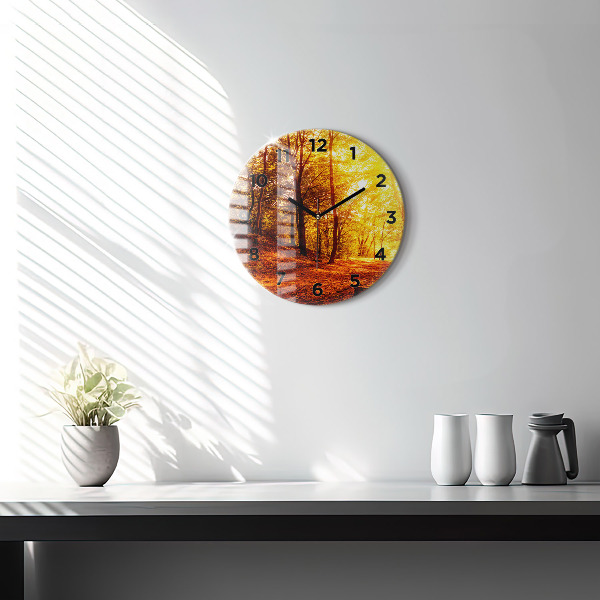 Round glass wall clock Forest landscape in the sun