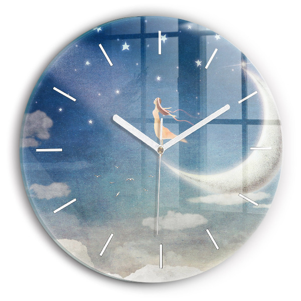 Round glass wall clock Girl on the moon