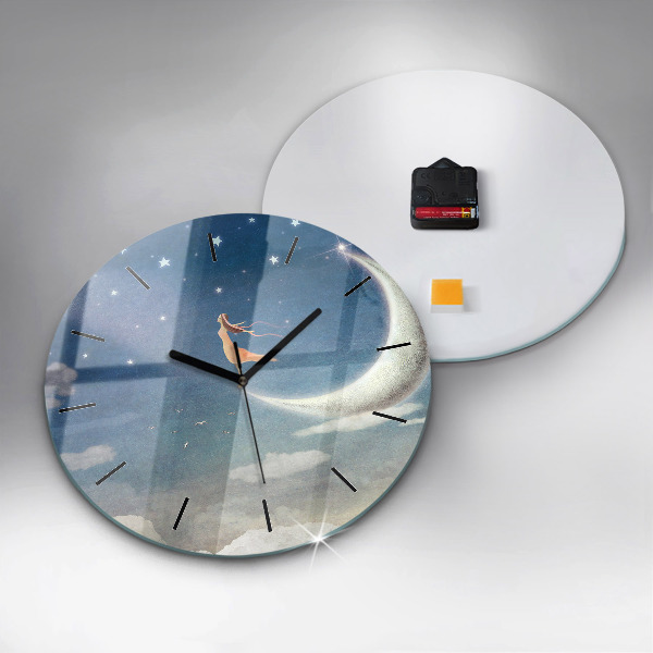 Round glass wall clock Girl on the moon