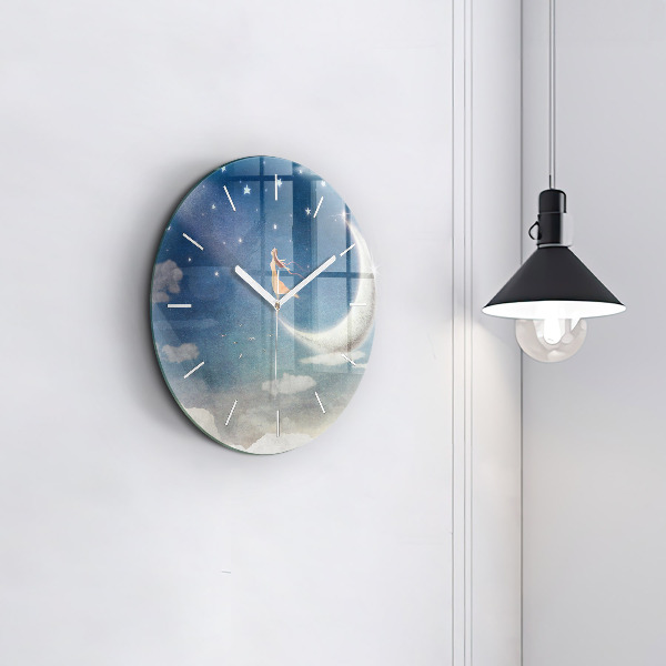 Round glass wall clock Girl on the moon