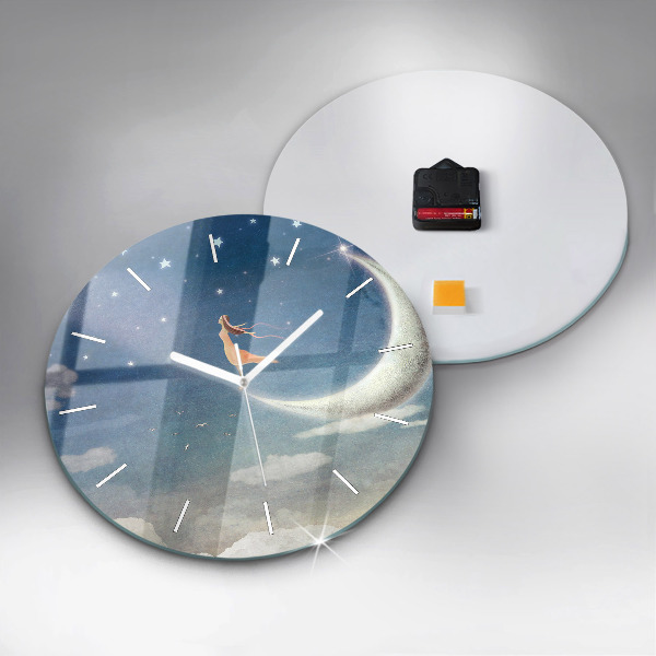 Round glass wall clock Girl on the moon
