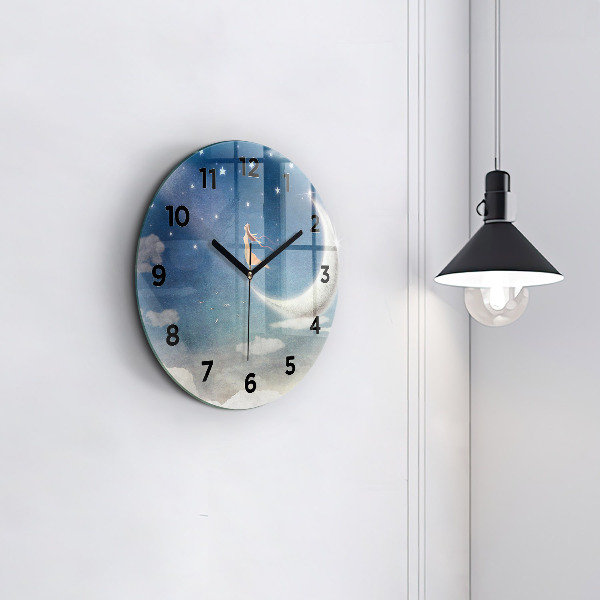 Round glass wall clock Girl on the moon