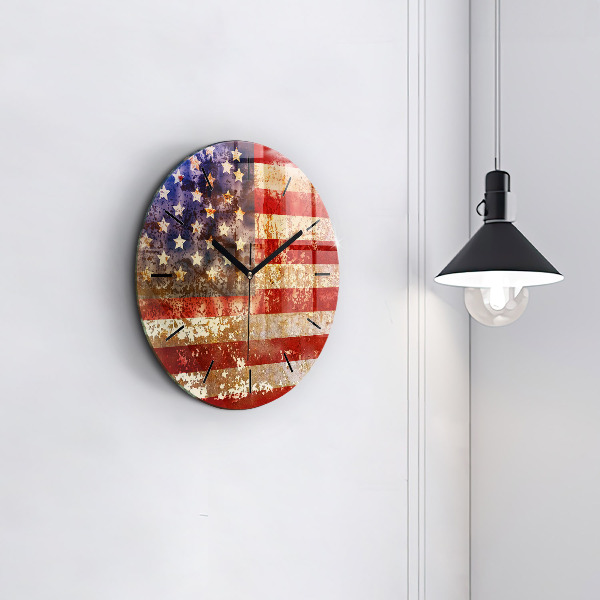 Round glass wall clock Vintage USA Flag