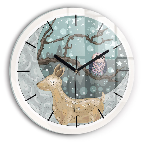 Round glass wall clock Nocturnal Animals and the Moon