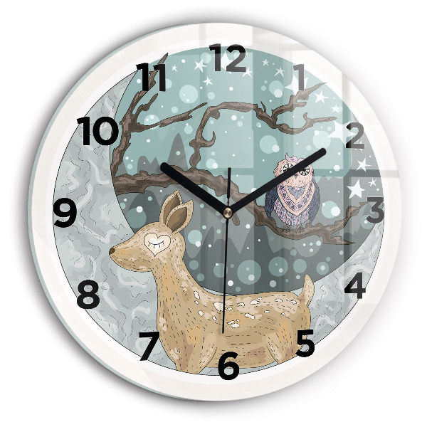 Round glass wall clock Nocturnal Animals and the Moon