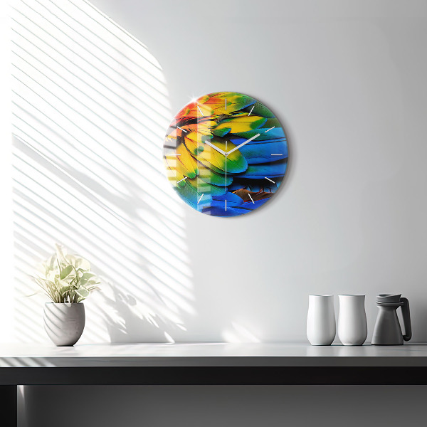 Round glass wall clock Colorful bird wings