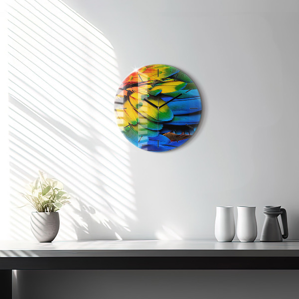 Round glass wall clock Colorful bird wings