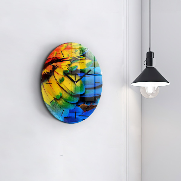 Round glass wall clock Colorful bird wings