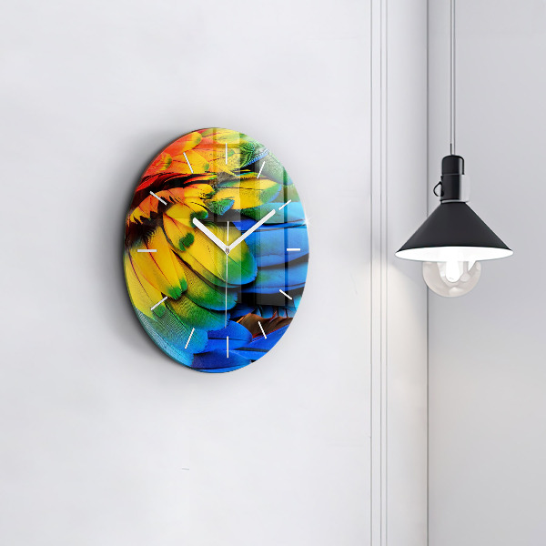 Round glass wall clock Colorful bird wings