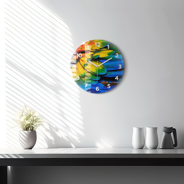 Round glass wall clock Colorful bird wings