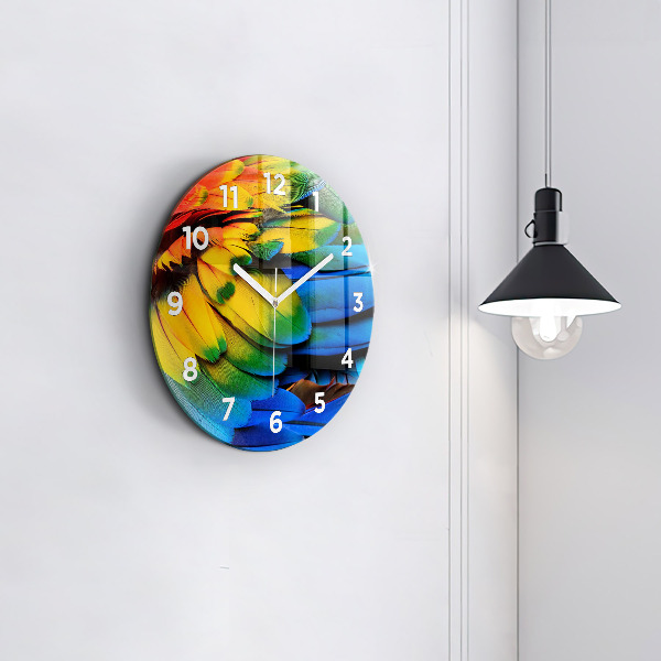 Round glass wall clock Colorful bird wings
