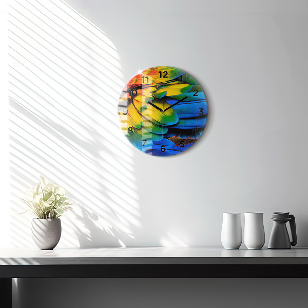 Round glass wall clock Colorful bird wings