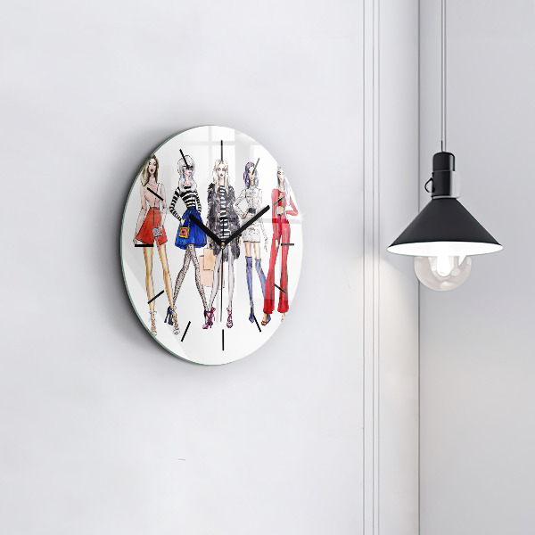 Round glass wall clock Fashionable girls
