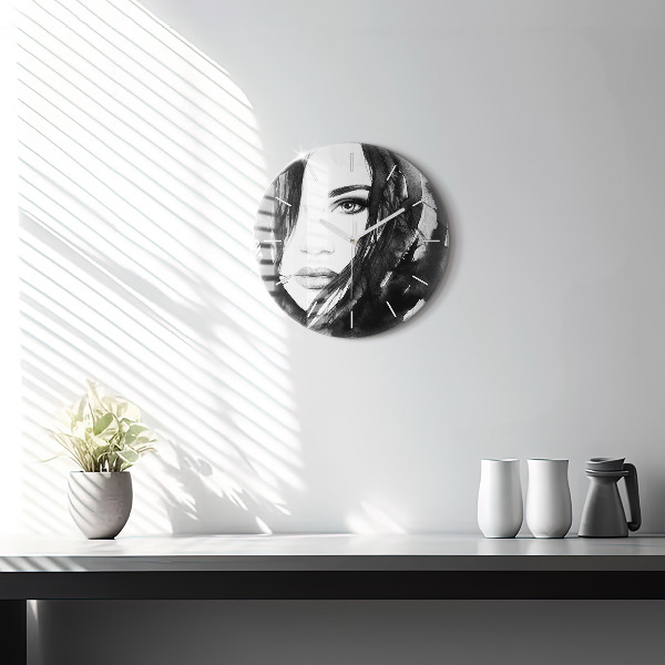 Round glass wall clock Portrait of a woman