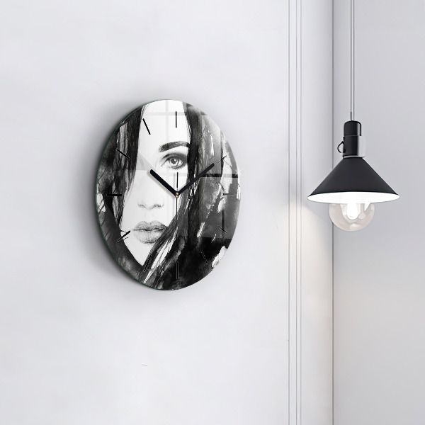 Round glass wall clock Portrait of a woman