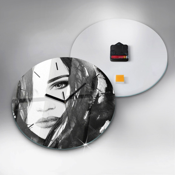 Round glass wall clock Portrait of a woman