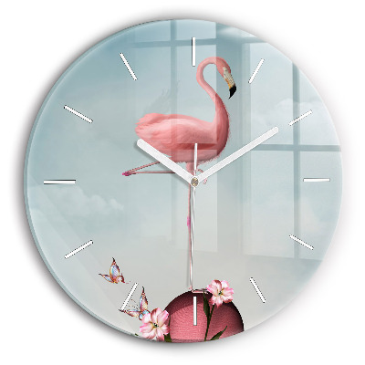 Round glass wall clock Surreal Flamingo