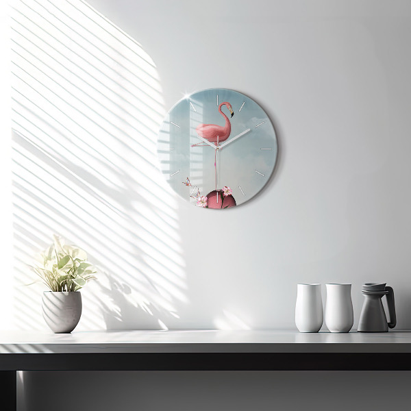 Round glass wall clock Surreal Flamingo